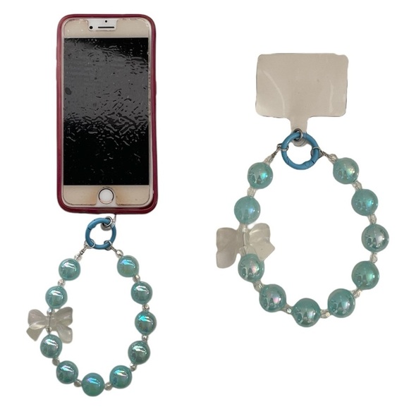 Large Blue Beaded with Clear Bow Charm Phone Accessory Wristlet with Phone Tab - Picture 1 of 15